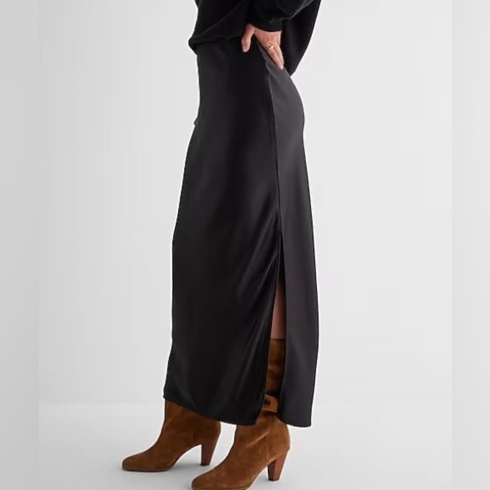 High Waisted Satin Side Slit Maxi Skirt